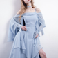 Blue A Line Straps Chiffon Slit Long Prom Dress Evening Dress with Cape SH3319
