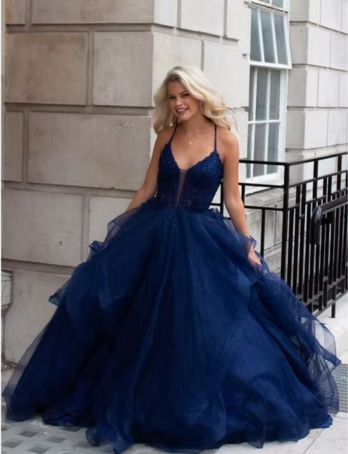 Navy Blue A Line Spaghetti Strap Lace Tulle Long Prom Dress Evening Dress SH8821