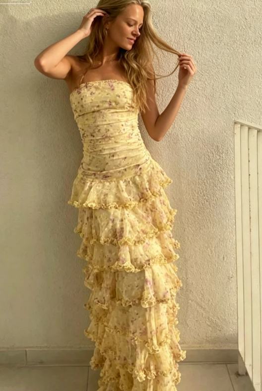 Glamorous Sleeveless Strapless Yellow Print Floral Chiffon Long Prom Dress with Ruffles SH5462