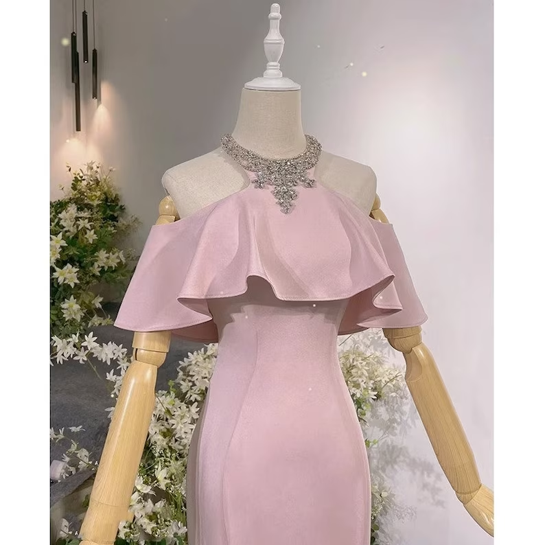 Pink Vintage Off The Shoulder Long Mermaid Prom Dress，Elegant Evening Dress SH642