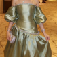 Sage Green A Line Off the Shoulder Beaded Satin Prom Dress Evening Dress SH5523