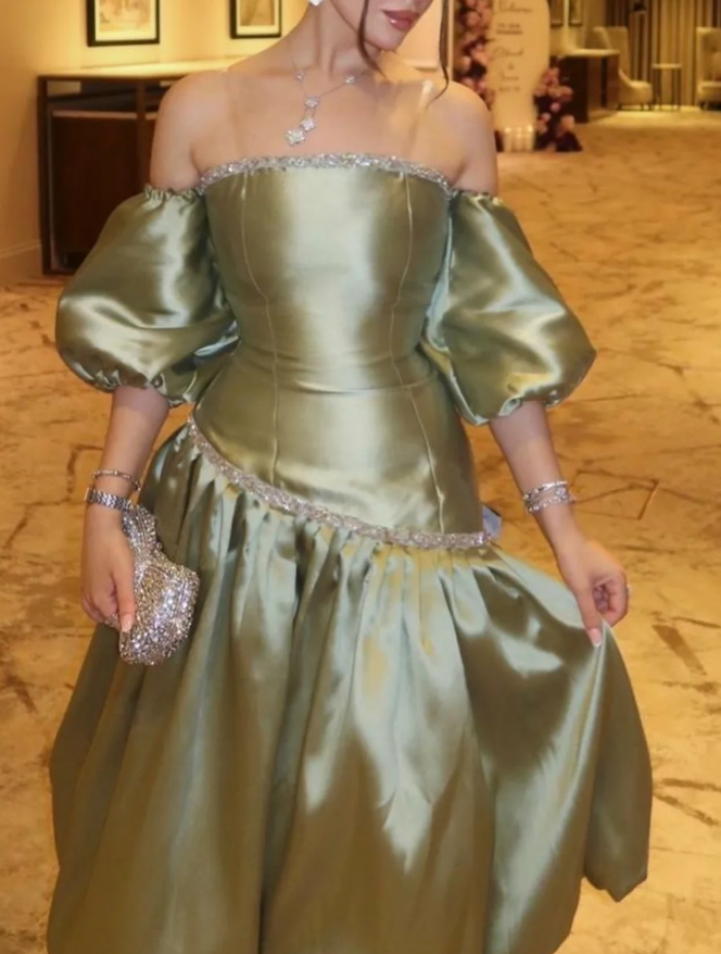 Sage Green A Line Off the Shoulder Beaded Satin Prom Dress Evening Dress SH5523
