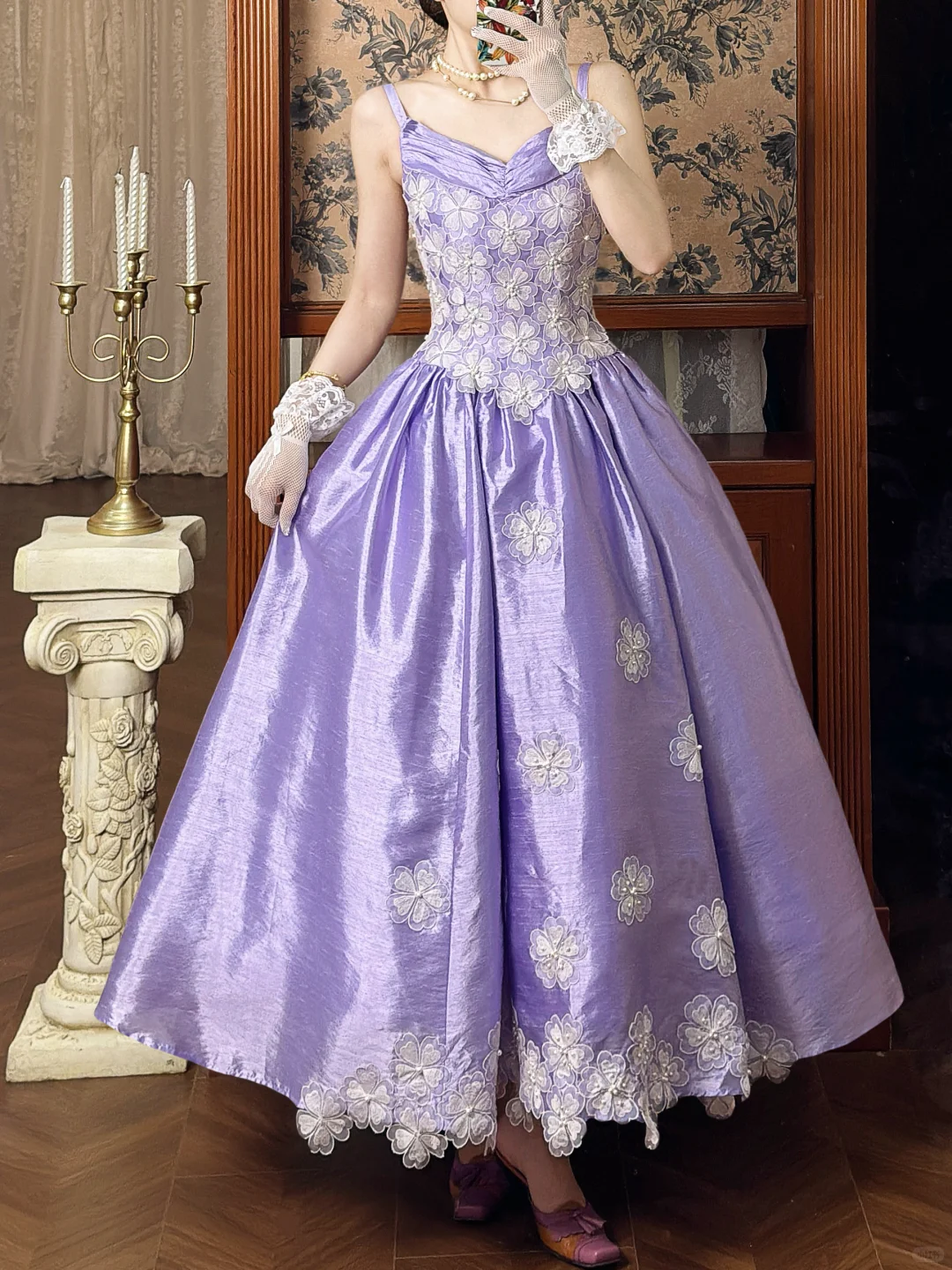 Vintage Purple Ball Gown Straps Appliques Satin Prom Dress Graduation Prom Dress SH5272