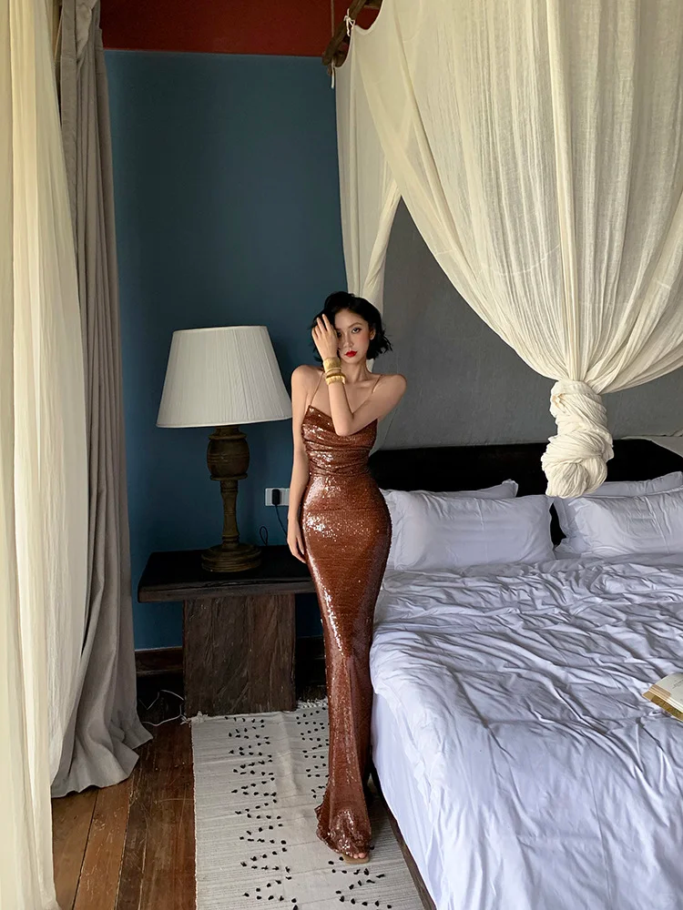Shiny Brown Mermaid Halter Sequin Open Back Prom Dress Evening Dress SH4350