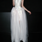 Unique A Line Strapless 3D Floral White Satin Tulle Long Wedding Dress SH5964