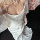 Elegant Simple Sheath Strapless White Pleated Satin Long Wedding Dress SH4755