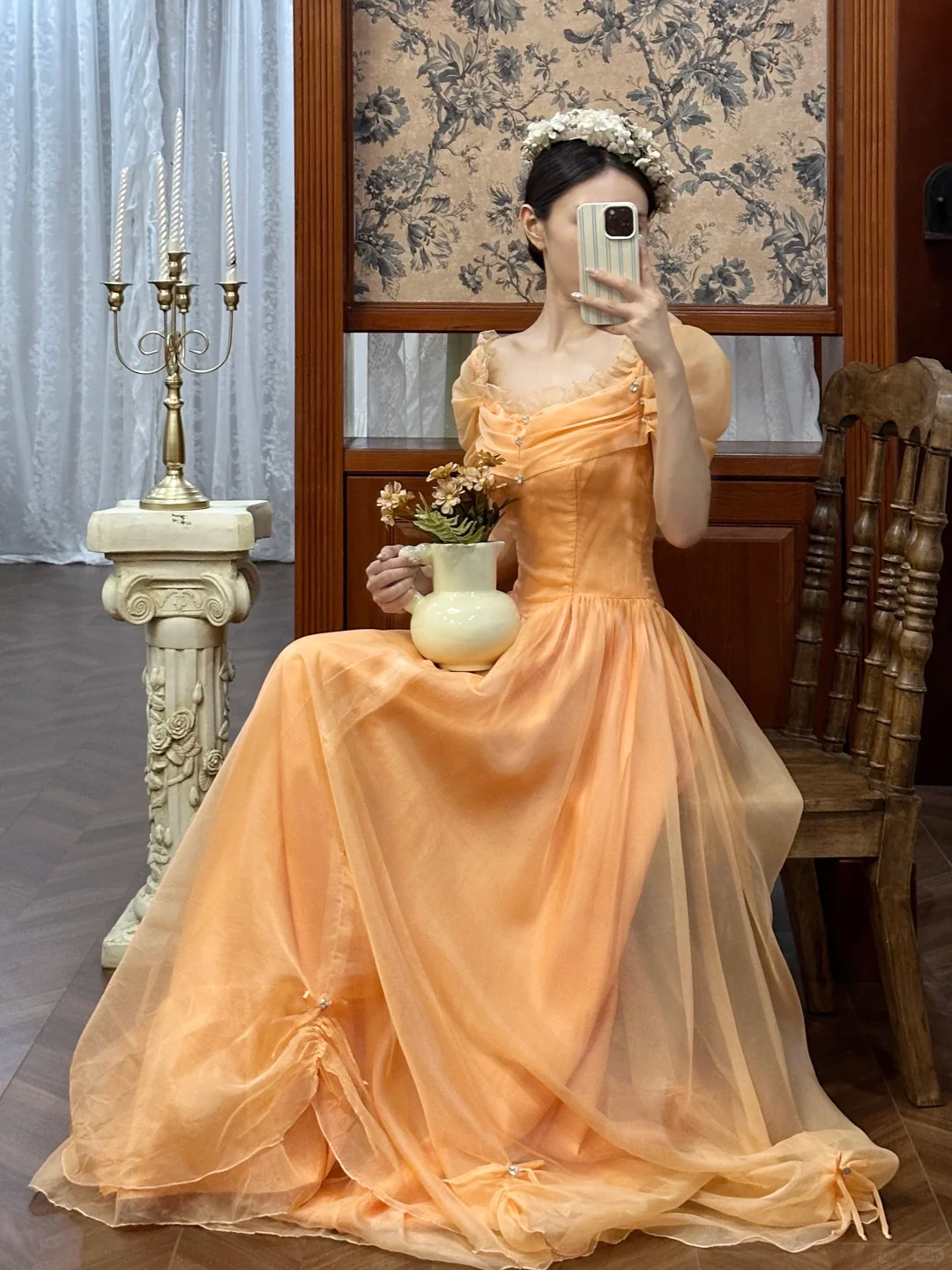 Vintage Orange A Line Off the Shoulder Chiffon Satin Long Prom Dress SH5170