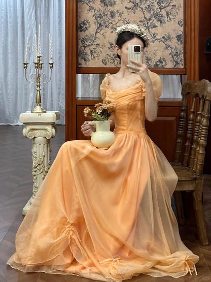 Vintage Orange A Line Off the Shoulder Chiffon Satin Long Prom Dress SH5170