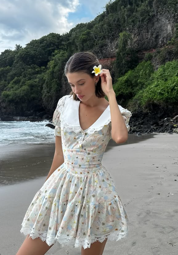 Cute Print Floral A Line Puff Sleeve Satin Short Prom Dress Homecoming Dress SH6382