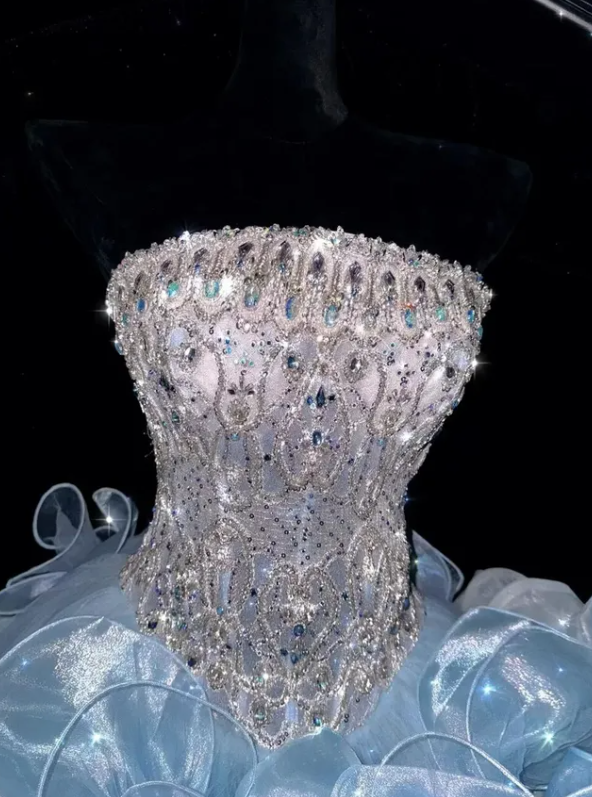 Exquisite Rhinestone Ball Gown Strapless Ruffle Blue Organza Prom Dress Quinceanera Dress SH7163