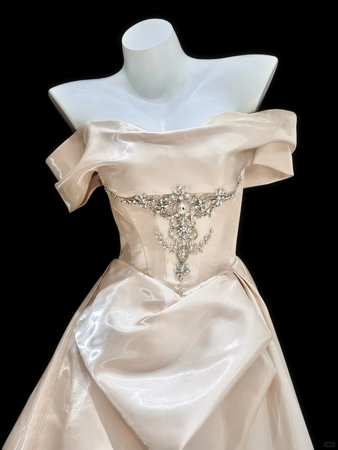 Gentle A Line Off the Shoulder Rhinestone Satin Long Prom Dress Evening Dress SH5008