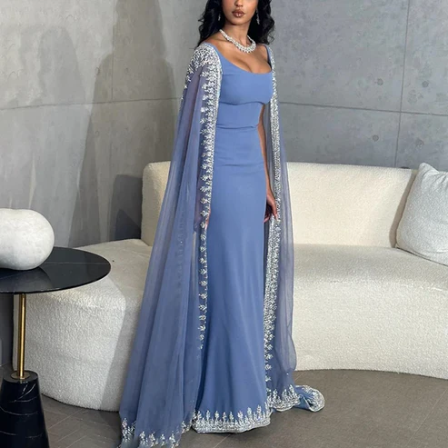 Sparkly  Blue Evening Dresses Cape Long Mermaid Prom Dress Formal Evening Dress Wedding Dress SH945
