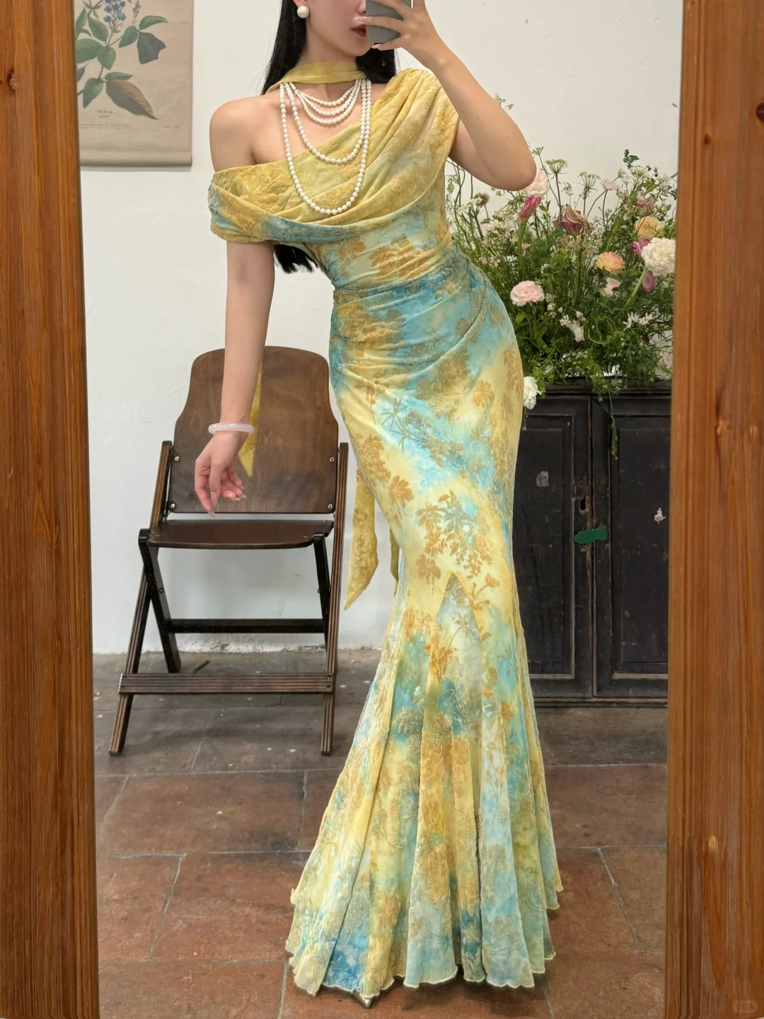 Unique Blue-green Ombre Mermaid Print Floral Chiffon Prom Dress Evening Dress SH6768