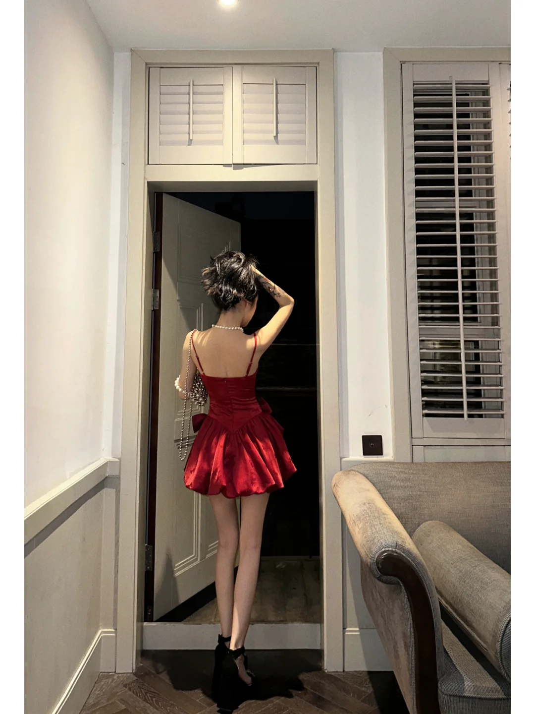 Sexy Red Bow A Line Spaghetti Strap Satin Short Homecoming Dress Outfits SH5827