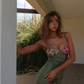 Retro Green Print Floral Strapless Satin Long Outfit Party Dress Vacation Dress Birthday Dress SH3518