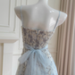Stunning A Line Spaghetti Strap Floral Blue Tulle Prom Dress Wedding Guest Dress SH4505
