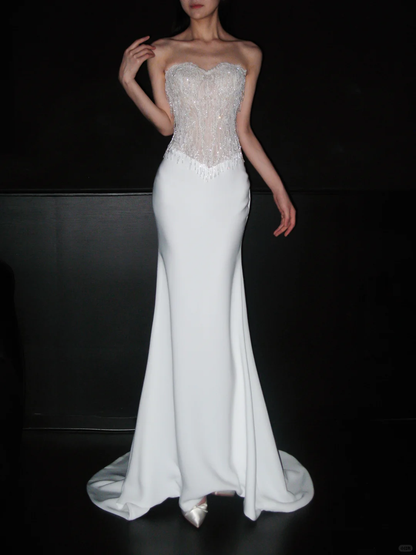 Shiny Mermaid Sweetheart Neck Beaded White Lace Satin Long Wedding Dress SH5871
