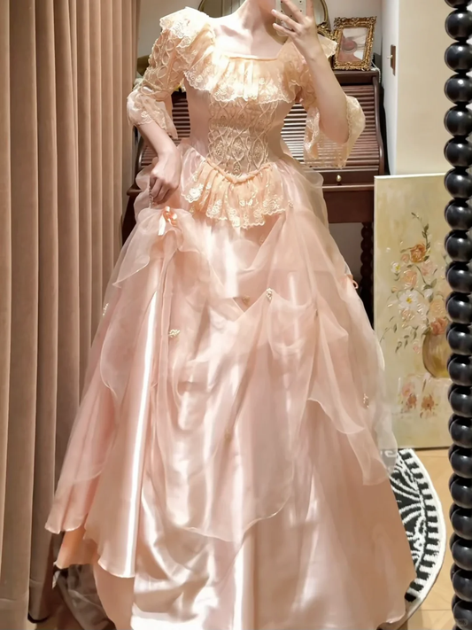 Vintage Light Pink Ball Gown Sleeve Lace Organza Satin Prom Dresses 18th Birthday Dresses SH4642