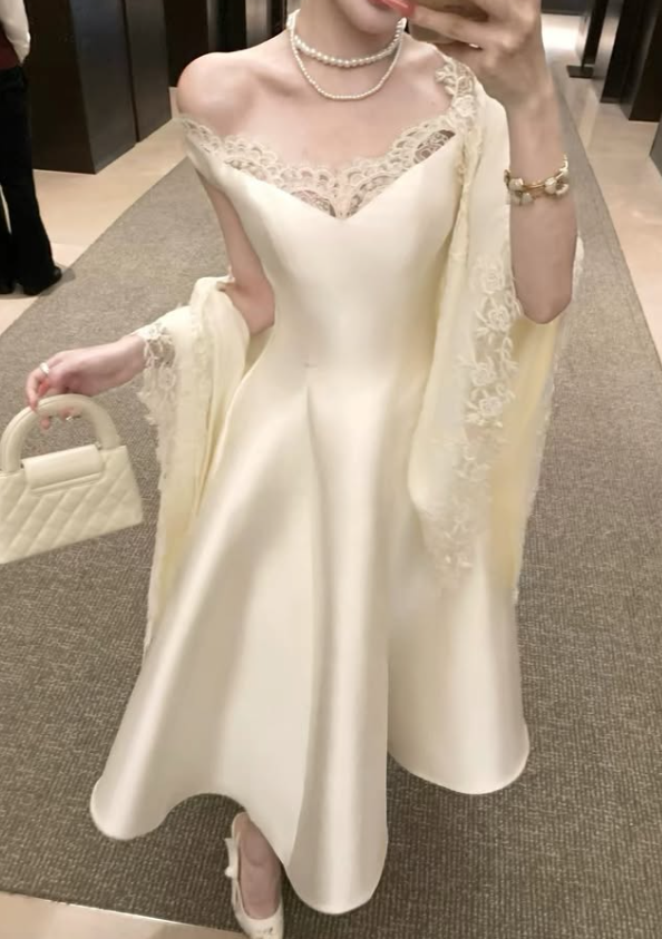 Light Champagne A Line V Neck Lace Satin Prom Dress Evening Dress SH8782