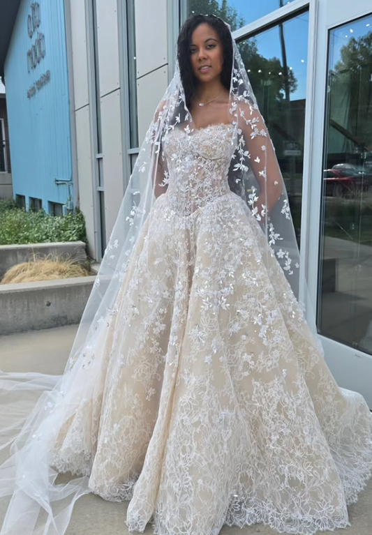 Glamorous A Line Sweetheart Neck White Exquisite Beaded Apricot Tulle Long Wedding Dress SH6197