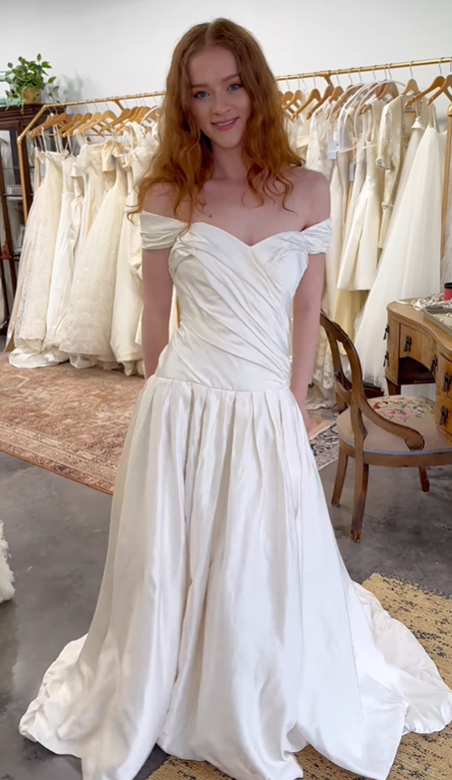 Romantic Ivory A Line Off the Shoulder Pleated Satin Wedding Dress SH6086