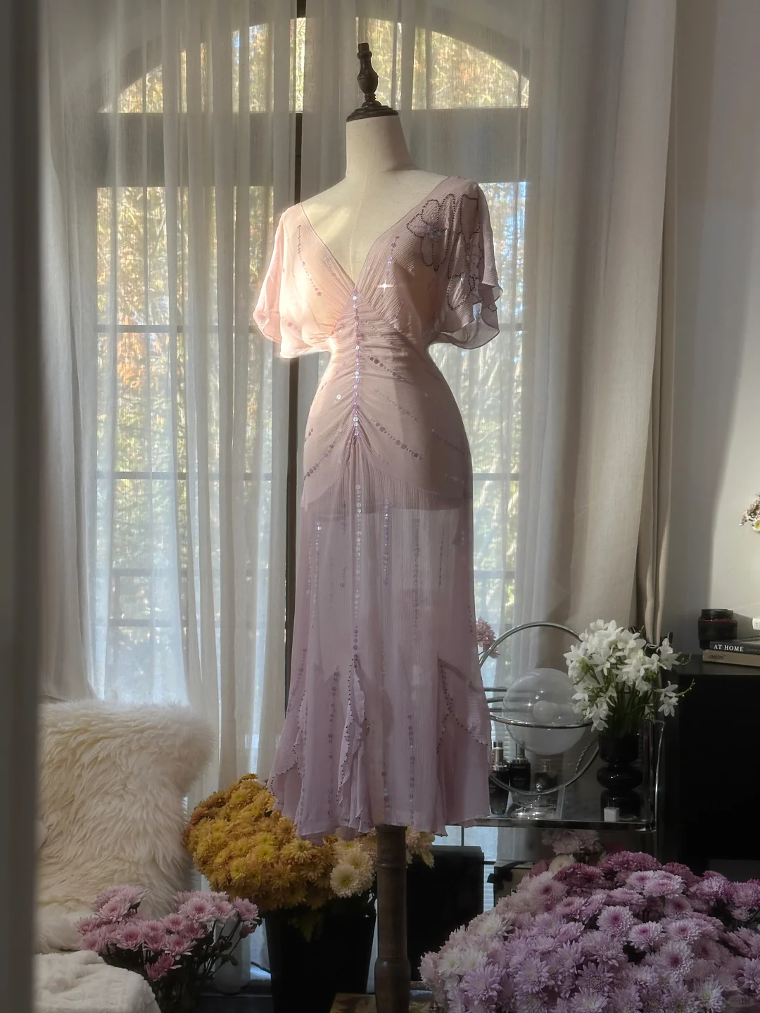 Gentle A Line V Neck Sequin Light Purple Chiffon Party Dress Wedding Guest Dress SH2963