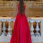 Simple Red A Line Straps Corset Satin Long Prom Dress Evening Dress SH8203