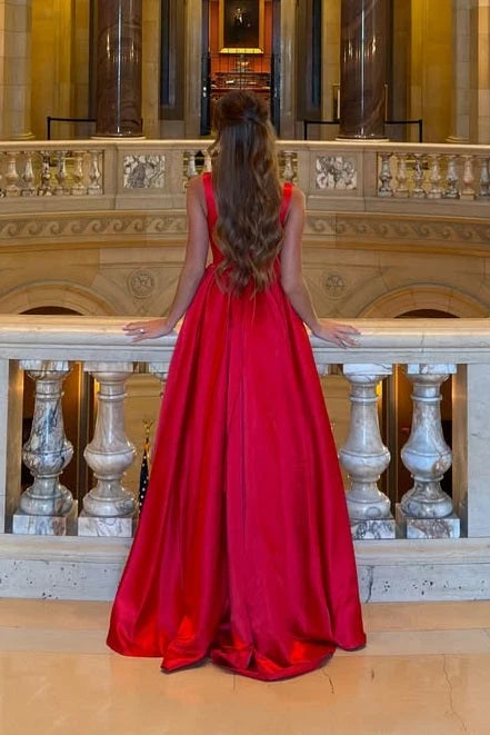 Simple Red A Line Straps Corset Satin Long Prom Dress Evening Dress SH8203