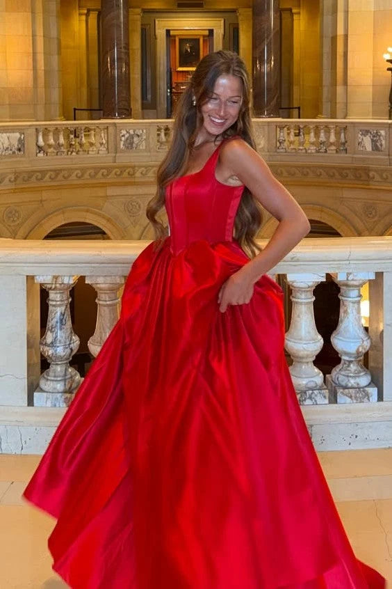 Simple Red A Line Straps Corset Satin Long Prom Dress Evening Dress SH8203