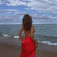 Red A Line Halter Satin Open Back Long Prom Dress SH6481