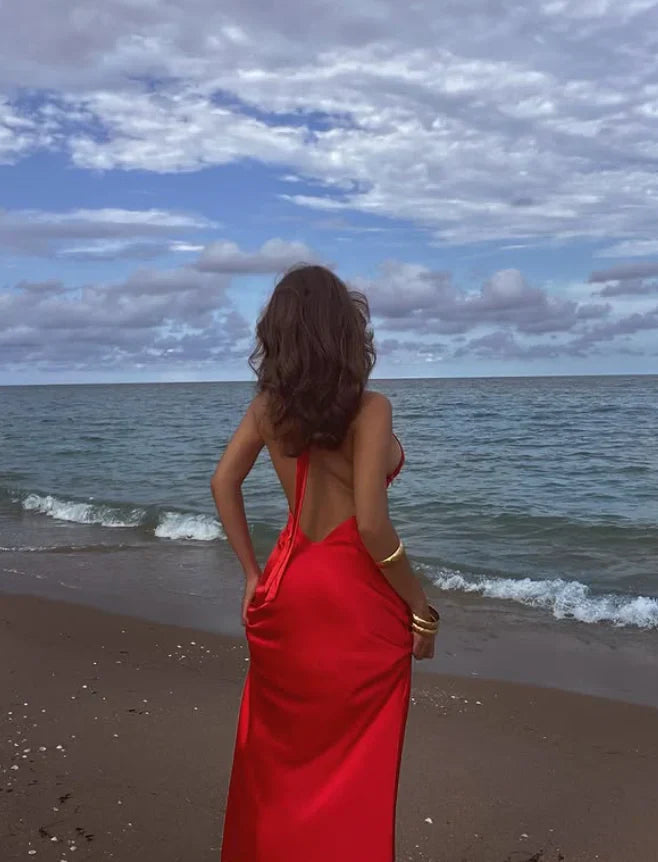 Red A Line Halter Satin Open Back Long Prom Dress SH6481