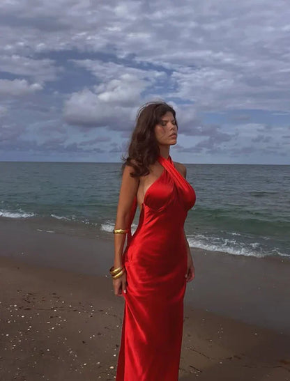 Red A Line Halter Satin Open Back Long Prom Dress SH6481