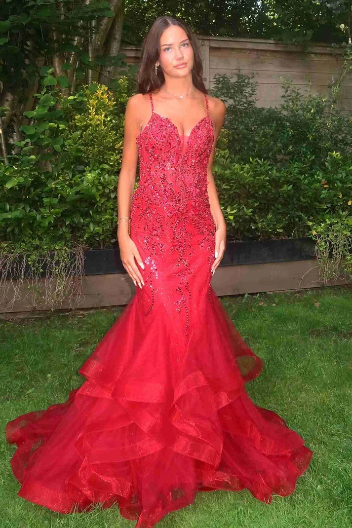 Mermaid Spaghetti Straps V-Neck Beaded Ruffles Long Prom Dress SH8190