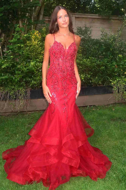 Mermaid Spaghetti Straps V-Neck Beaded Ruffles Long Prom Dress SH8190