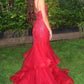 Mermaid Spaghetti Straps V-Neck Beaded Ruffles Long Prom Dress SH8190