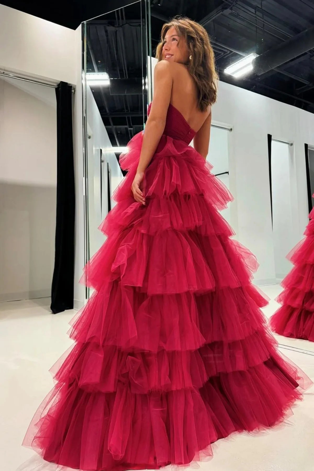 Strapless Layered Red Tulle Long Prom Dresses Formal Evening Dresses SH1730