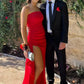 Simple Sheath Strapless Red Long Prom Dress with Split Front SH7797