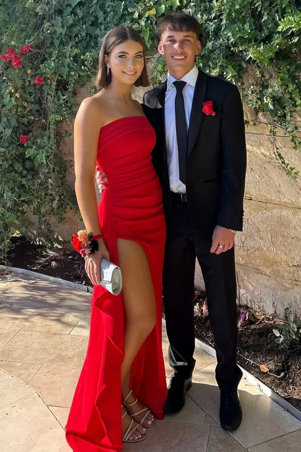 Simple Sheath Strapless Red Long Prom Dress with Split Front SH7797