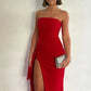 Simple Sheath Strapless Red Long Prom Dress with Split Front SH7797