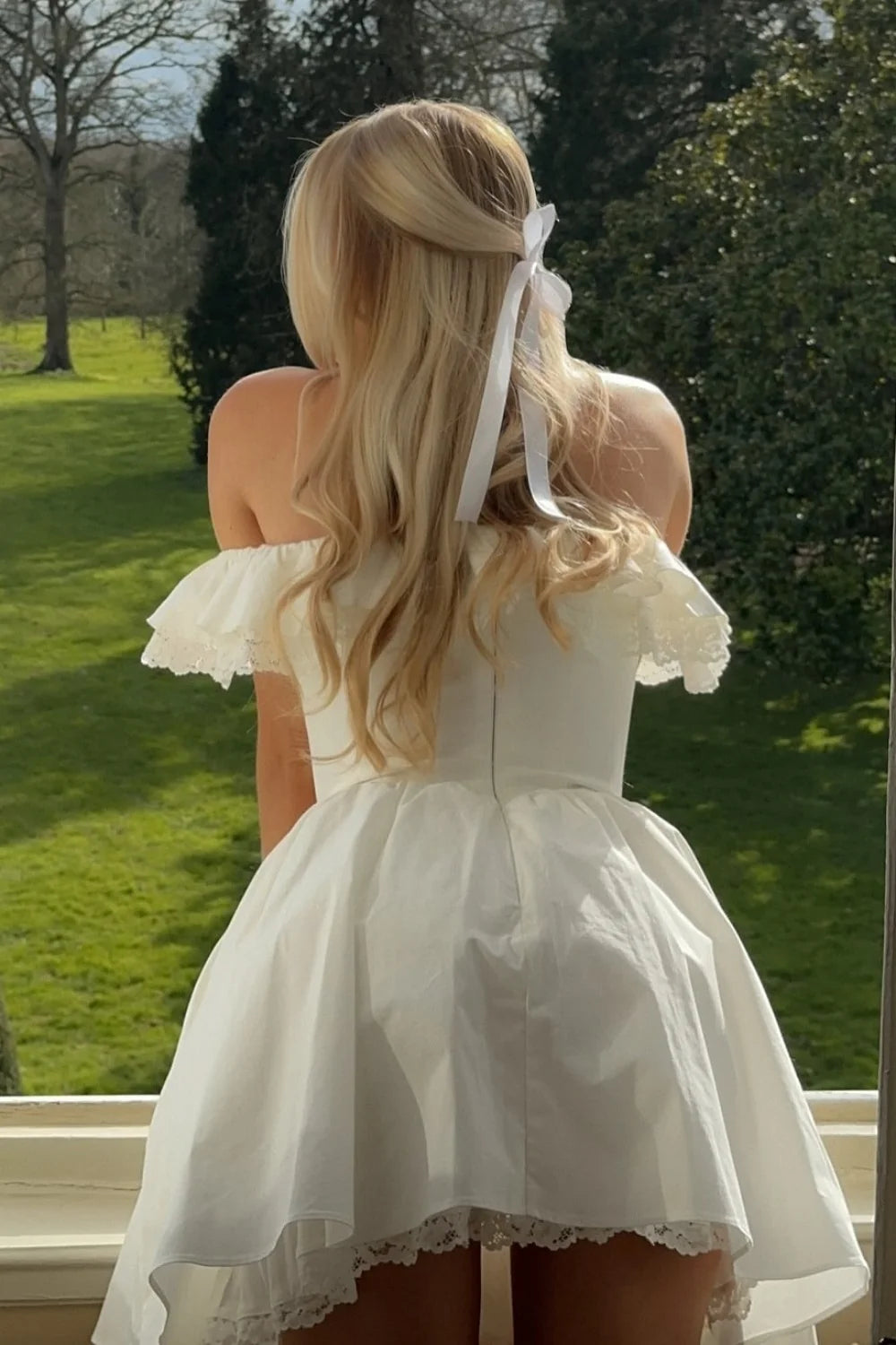 Romantic White Off-the-Shoulder Homecoming Dress with Bow Front and Lace Details SH7839