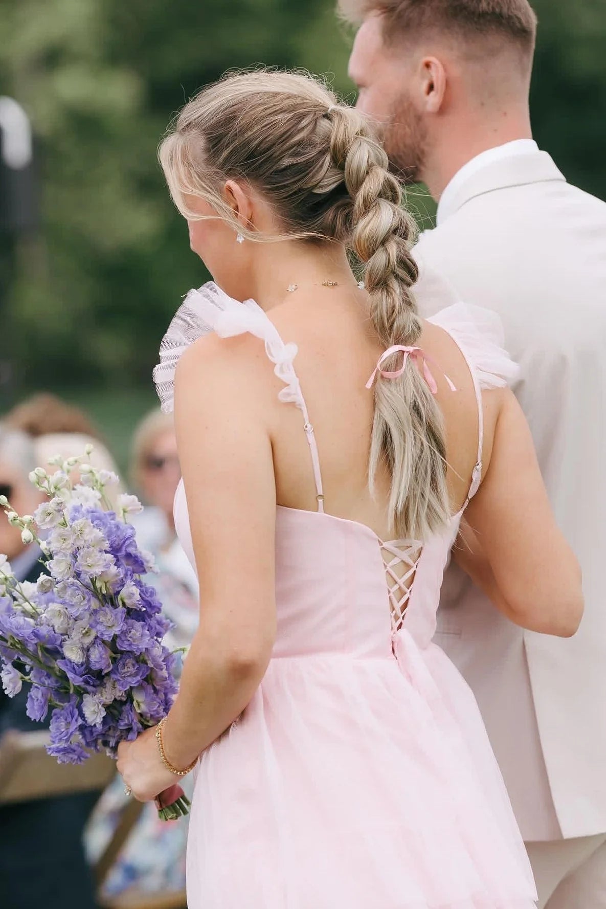 Ruffle Sleeves Pink Tiered Bridesmaid Dresses with Slit SH6299