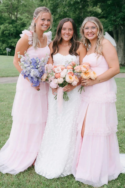 Ruffle Sleeves Pink Tiered Bridesmaid Dresses with Slit SH6299