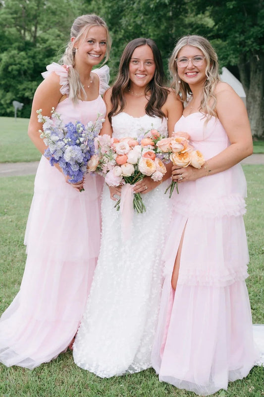 Ruffle Sleeves Pink Tiered Bridesmaid Dresses with Slit SH6299