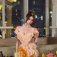 Pink A Line V Neck Ruffle Chiffon Long Prom Dress Vacation Dress SH4376
