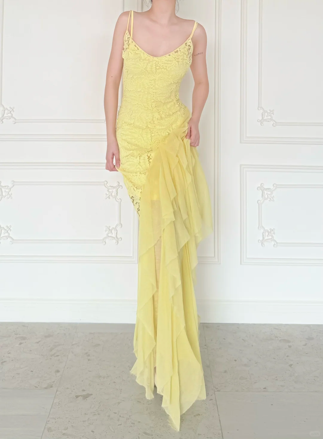 Stunning Yellow Sheath Spaghetti Strap Lace Chiffon Prom Dress Evening Dress SH6760
