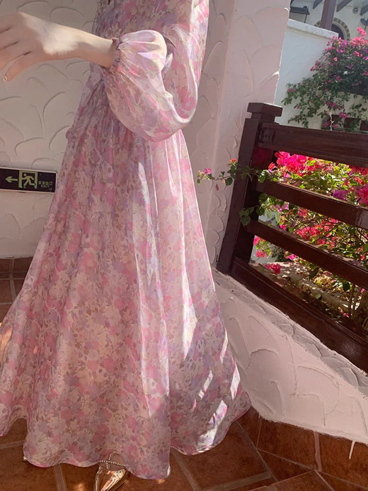 Pretty A Line Long Sleeve Print Floral Chiffon Long Prom Dress Evening Dress SH1916