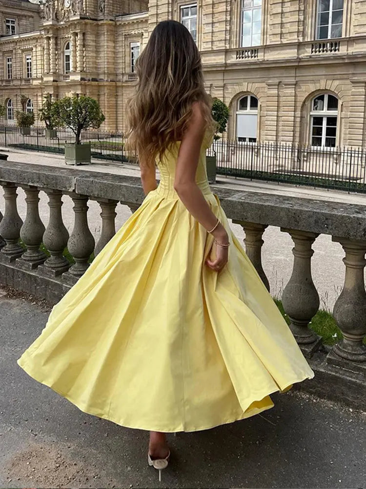 Elegant Yellow A Line Sweetheart Corset Satin Long Prom Dress Evening Dress SH1908