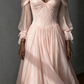 Ethereal A Line Long Sleeve White Pleated Chiffon Prom Dress Wedding Dress SH7080