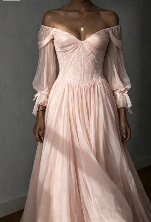 Ethereal A Line Long Sleeve White Pleated Chiffon Prom Dress Wedding Dress SH7080