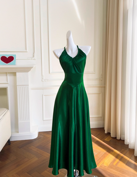 Stunning Green A Line Halter Satin Prom Dress Vacation Dress Wedding Guest Dress SH4504